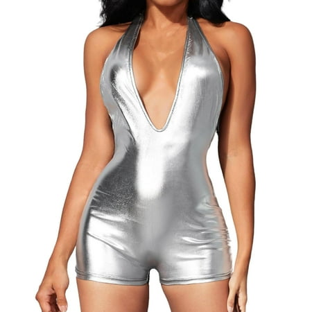 DVKOVI Women s Summer High Waist Bodysuit Open Back Deep V Neck Halter Tie PU Jumpsuit Shorts Slim Fit Romper for Party Club