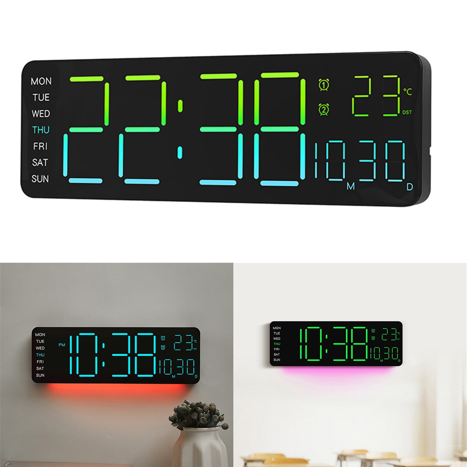 Contemporary Wall Mounted Digital Clock Automatic Brightness Control Show 12/24Hour Time Temperature Calendar Decors