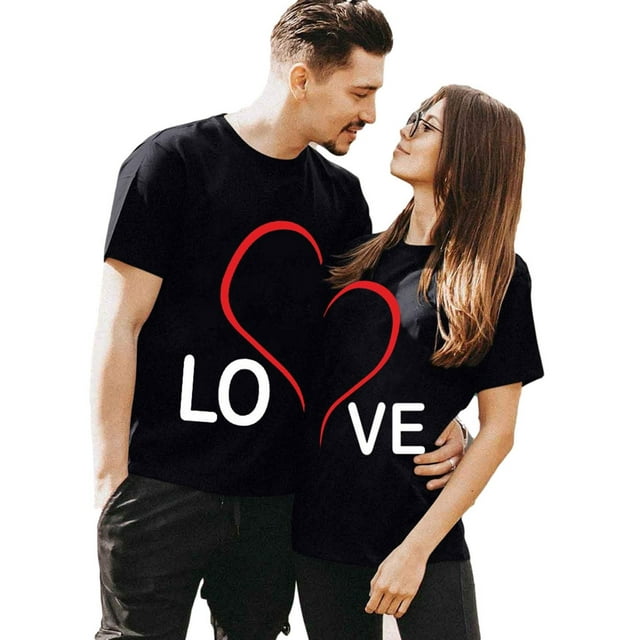 1 Ensemble T-Shirt Unisexe pour Couple, 100 % Coton Col Rond Manches Courtes, Design Cœur d'Amour Festif, Transfert de Chaleur Numérique, Tenue de Fête Toutes Saisons, Cadeau Parfait pour la Famille et les Amis, T-Shirt pour Adulte, Homme, Femme