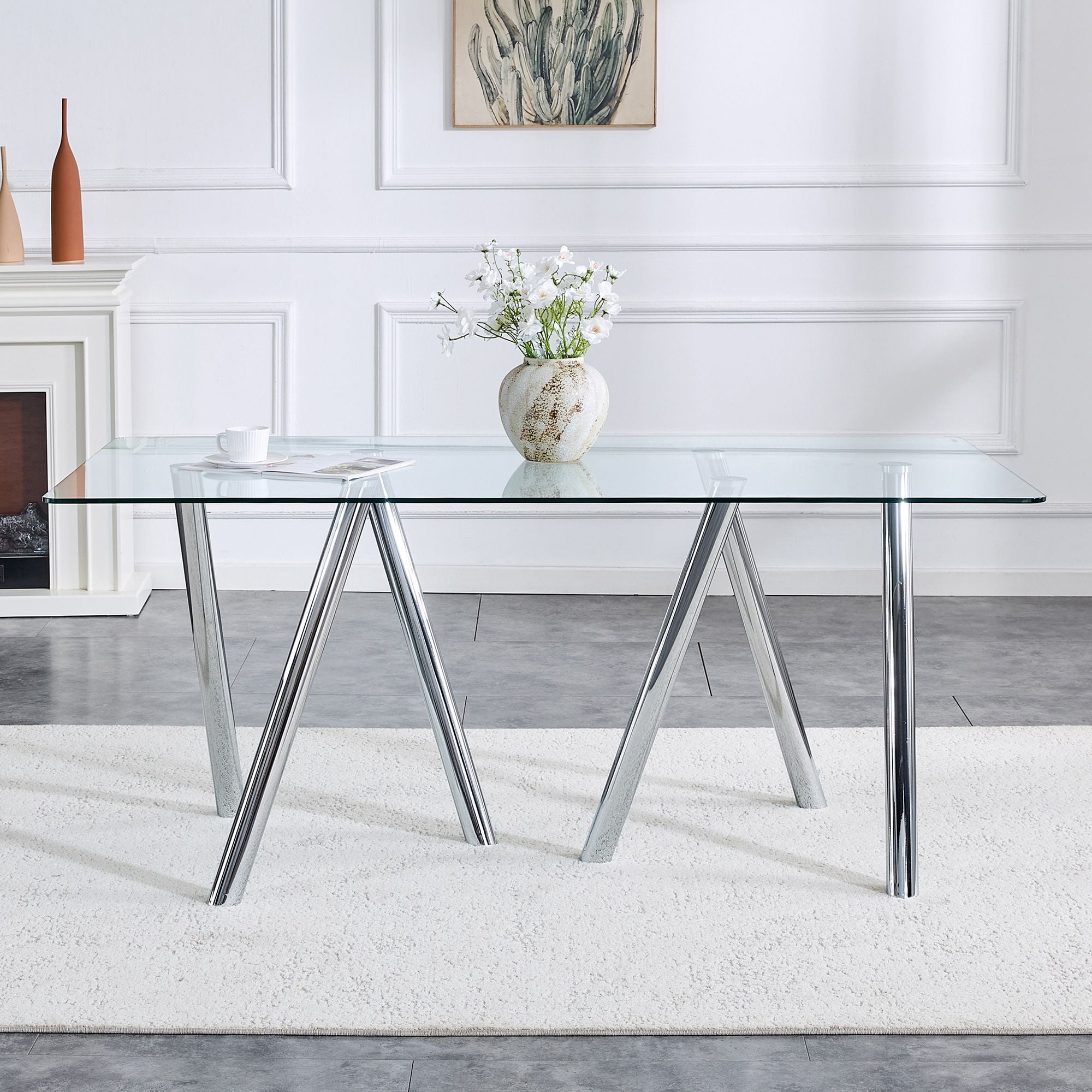 Alvantor 71" Tempered Glass Dining Table with White Metal Legs