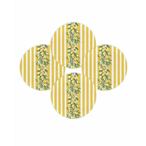 Round Placemats Set of 4 Yellow Lemon Stripes Place Mats Washable Woven Placemat Floral Fruit Leaves Circle Braided Table Mat for Kitchen Dining Table Party Home Decor 15 Inch