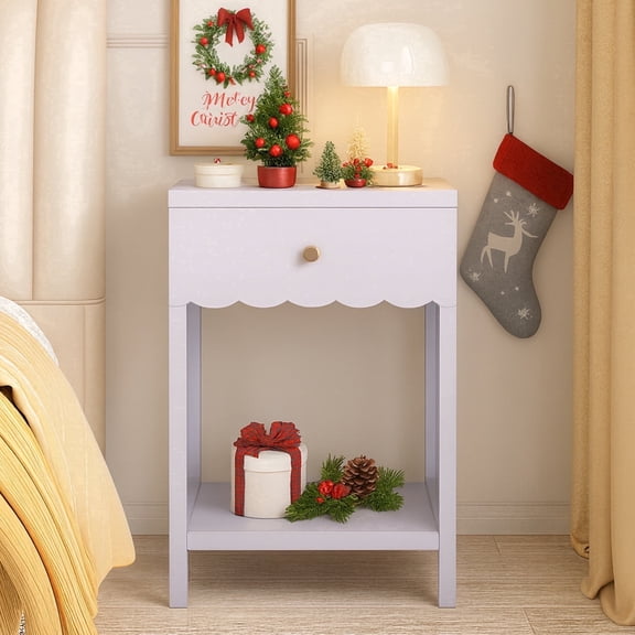 26.77" Nightstand with Drawer & Open Shelf, Modern Cute Scalloped Edge Night Stand, Side Table for Bedroom Kids Room Girls Room, Light Purple