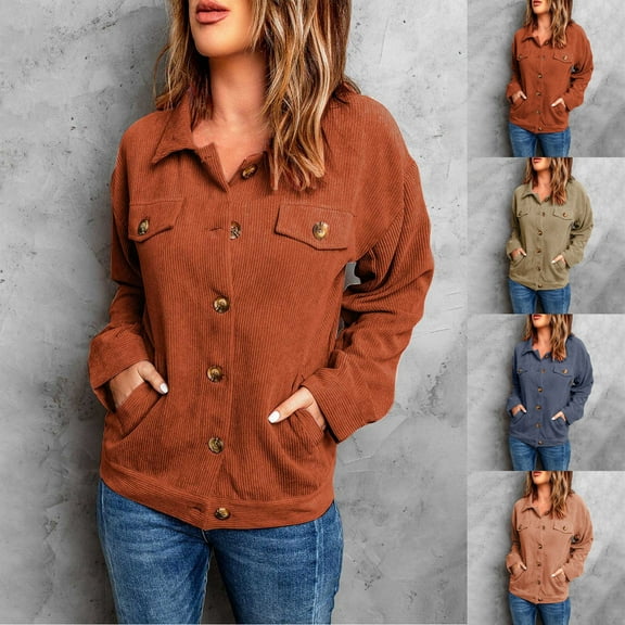 Lovskoo Women's Corduroy Shacket Shirt Jacket Solid Color Long Sleeve Lapel Loose Casual Cardigan Top Coat Brown