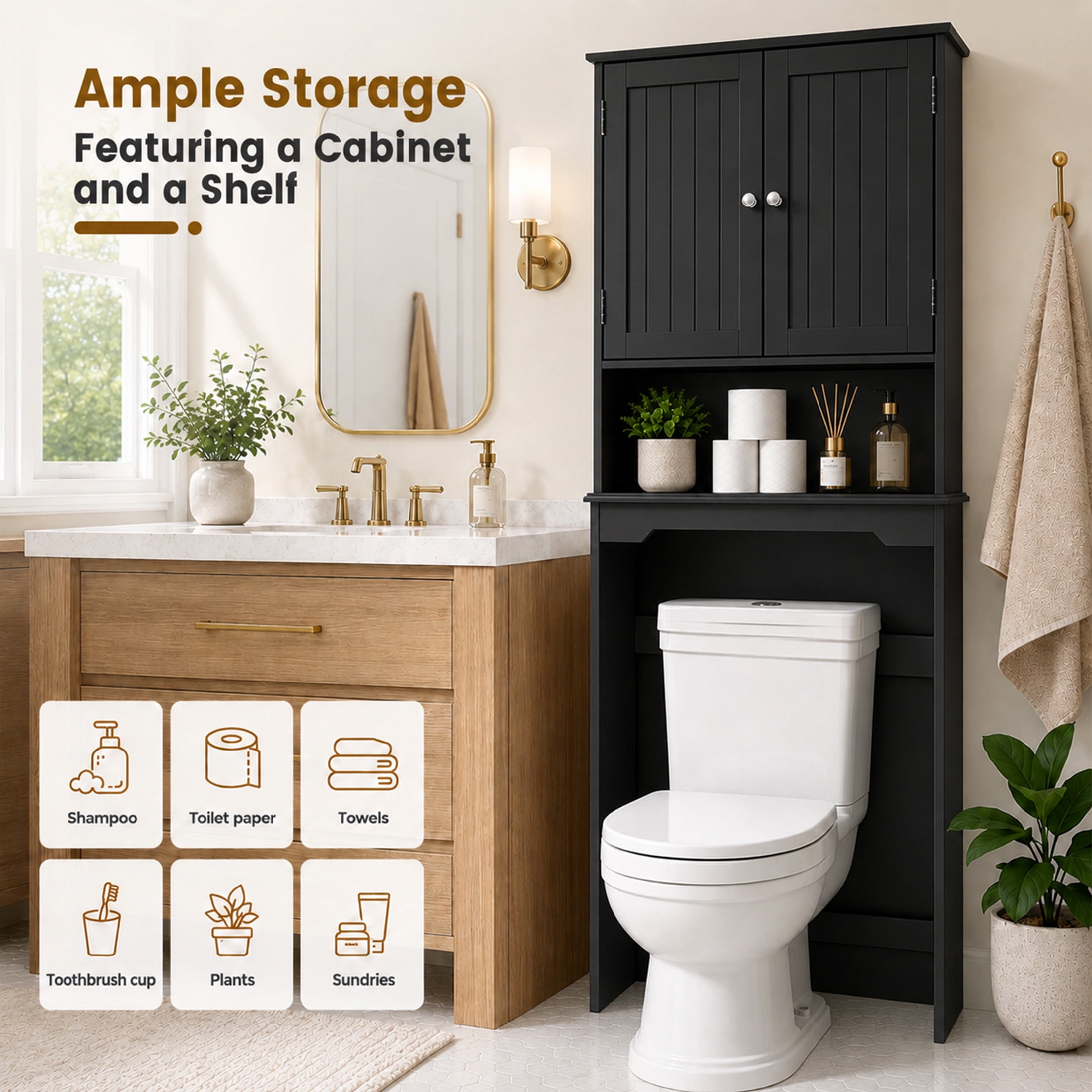 edx Wooden Over-the-Toilet Storage Rack, Bathroom Organizer Shelf for Toilet & Towels, Freestanding Toilet Shelf,Black