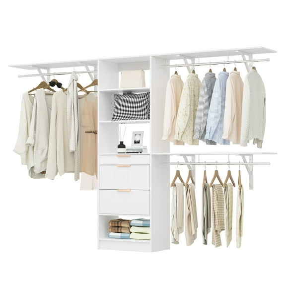 8FT Closet Organizer System with 3 Wooden Drawers & 3 Expandable Hanging Rods - Walk-in Closet Wardrobe Storage, White - Heavy-Duty Garment Rack for Bedroom, Closet, or Laundry Room