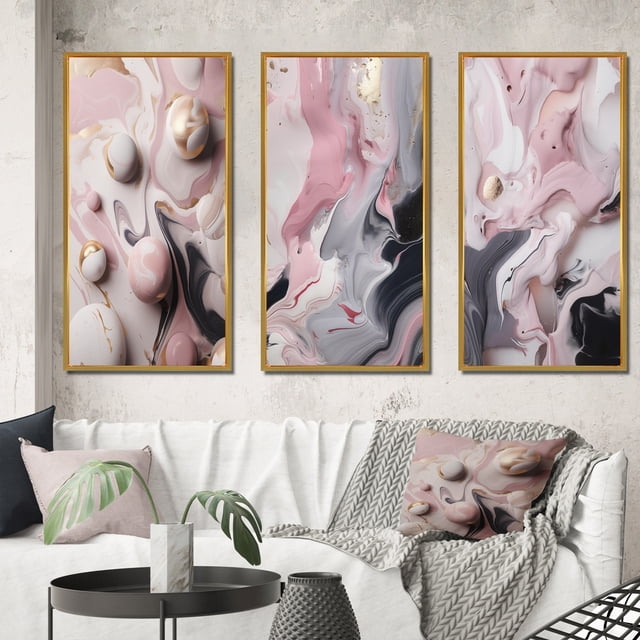 Designart "Solid Marble Artistry III" Abstract Marble Framed Wall Art Set Of 3 - Pink Marble Frame Gallery Wall Set For Home Decor