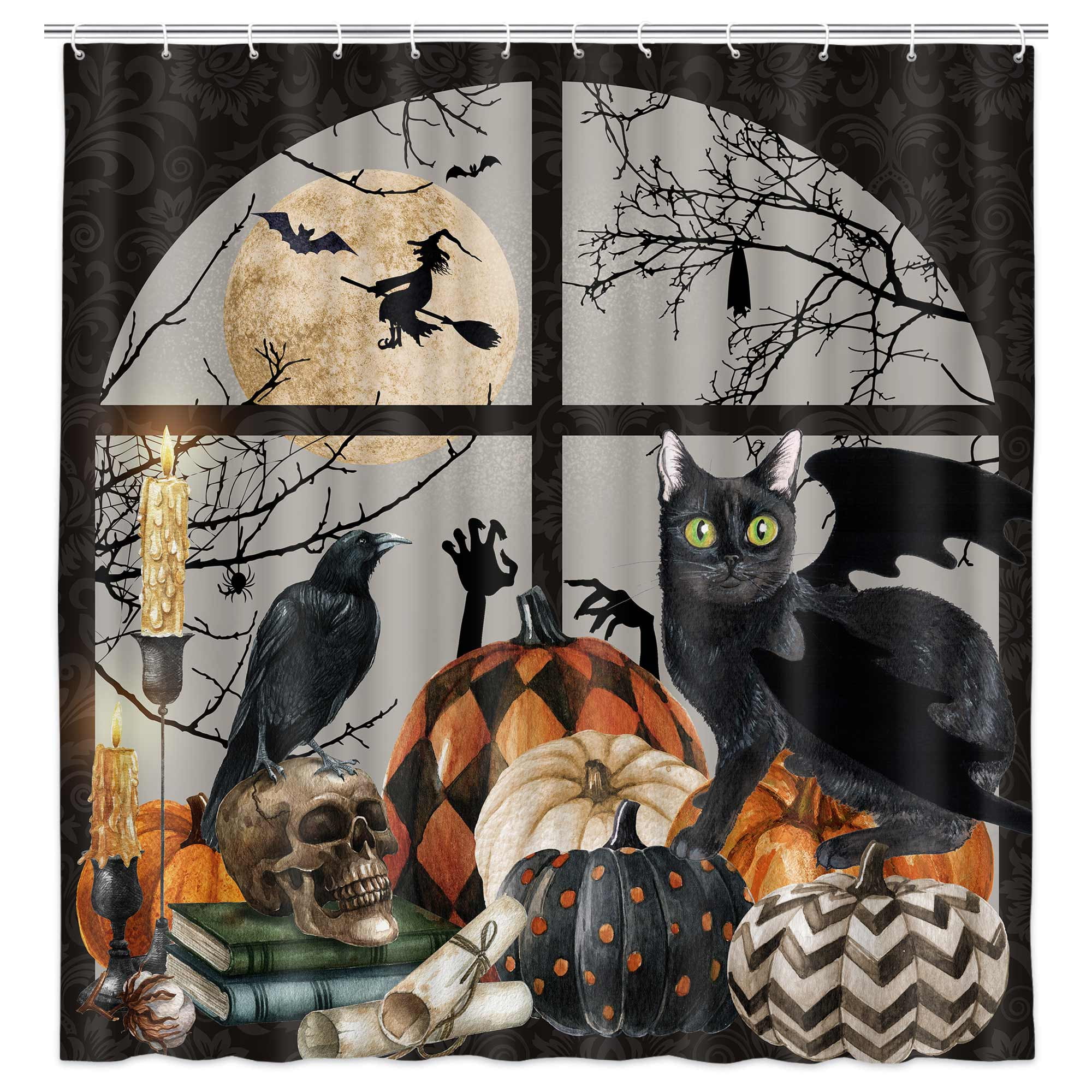 Halloween Shower Curtain, Spooky Pumpkin Black Cat Cool Gothic Skeleton Skull Shower Curtain Set, Horror Scary Bats Raven Witchy Full Moon Fabric Bathroom Decor with Hooks 70X72IN, Black