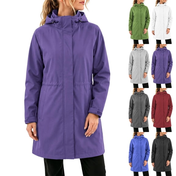 Lutiedan Waterproof Raincoat for Women Full Zip Long Sleeve Windbreaker Outdoor Hiking Hooded Rain Jacket with Pocket Size S-XXL