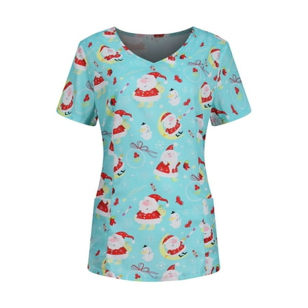 

Women Scrub_Top Working Uniform Blouse Short Sleeve V-Neck Workwear T-Shirt with Pocket Comfy Tops M