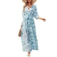 thumbnail image 4 of KOMOO Women Boho Floral Dress Summer Casual V Neck 3/4 Sleeve Wrap Dress Kimono Dress with Belt Slit Flowy Long Dresses, 4 of 6