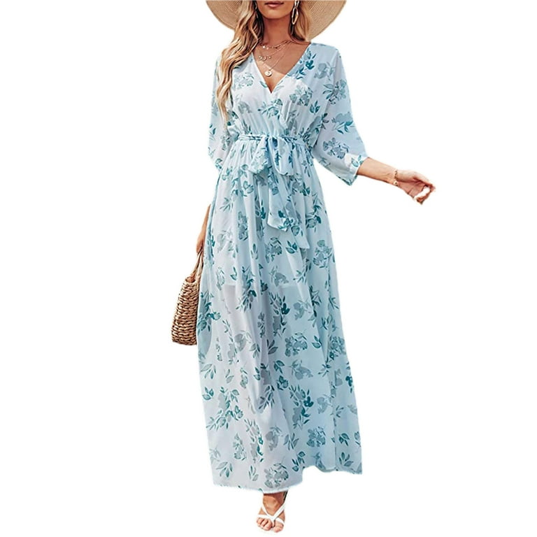 ZXZY Boho Style Women Dress Long Sleeve Beach Summer Dresses Floral Print  Vintage Maxi Dress 