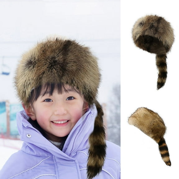Childrens Faux Coonskin Costume Hat With Tail Plush Light Brown Raccoon Design