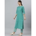 thumbnail image 5 of Janasya Indian Mandarin Collar 3/4 Sleeve Block Print Sea Green Cotton Kurta With Pant And Dupatta For Women, 5 of 8