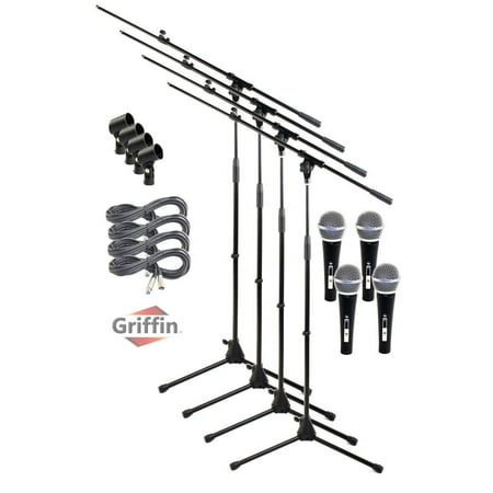 Telescoping Microphone Boom Arm Microphone Stand with Telescoping Boom Arm, 2 Ft XLR Cable Handheld Dynamic Mic & Clip (Pack of 4) by Griffin Pro-Audio Cardioid Singing Microphones for Studio Recording & Live Stage Performance ()