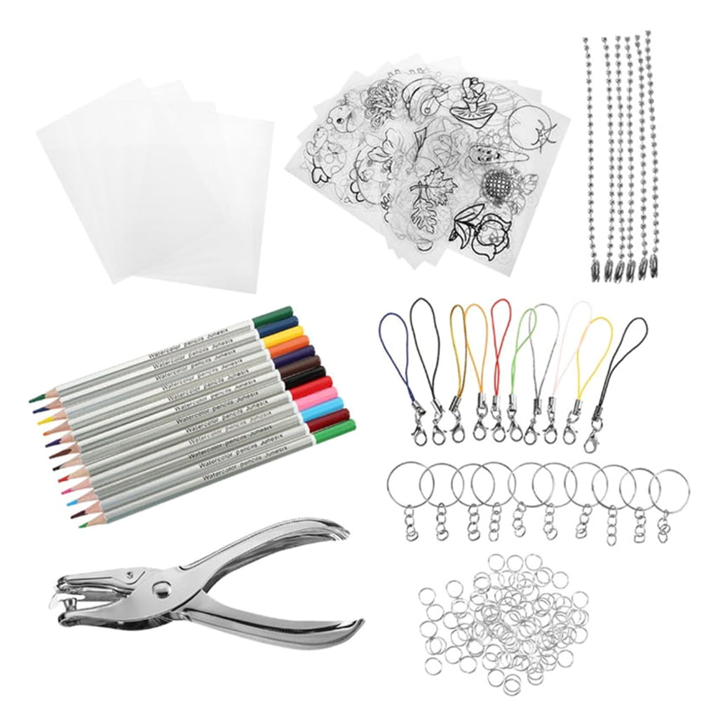 Heat Shrink Sheet Set with Colored Pencils, Earring Hooks, Keychain, Hole Punch