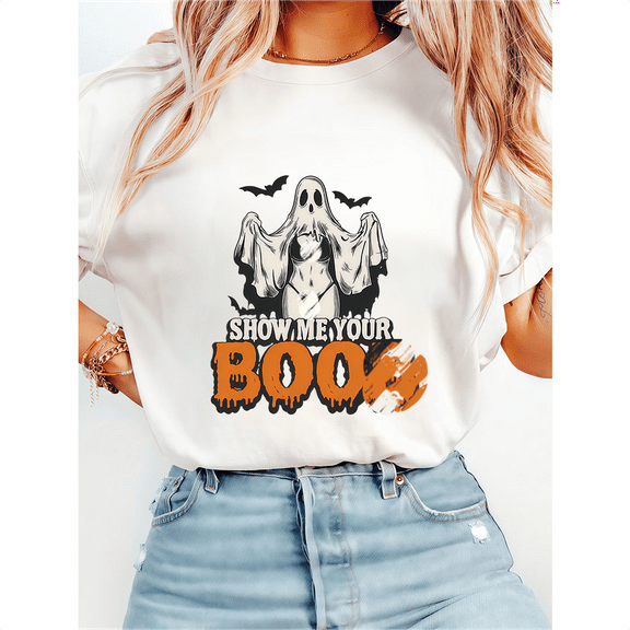 SHOW ME YOUR BO-B Print T-shirts Halloween Ghost Graphic Tees Short Spooky Season Sleeve Casual Tops Cotton Shirts for Daily Outfits White,M