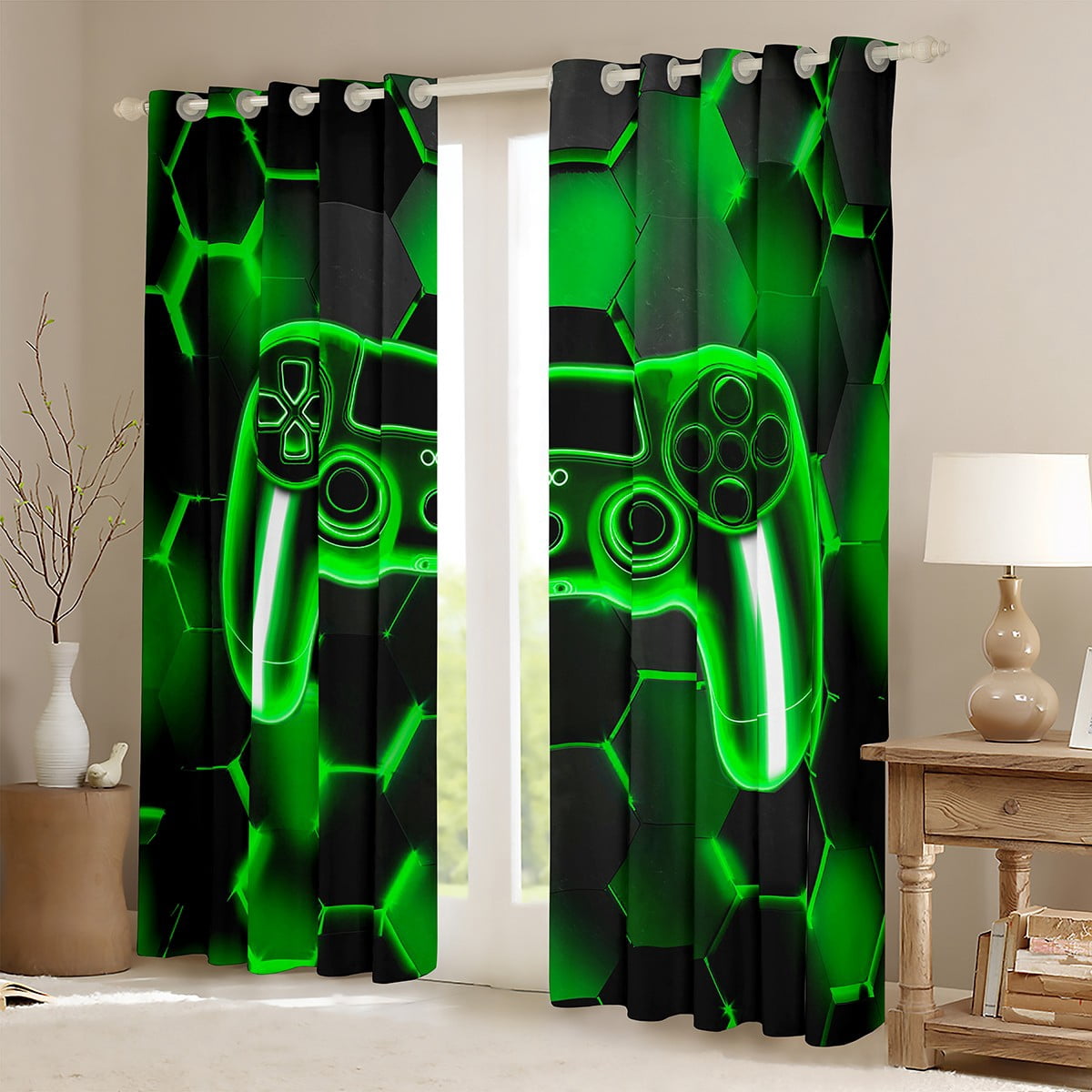 Erosebridal Gamer Gamepad Curtains and Drapes (38x54), Geometry Stripe 30%-50% Blackout Curtains for Bedroom, Game Lover Curtains for Living Room, Window Drapes Room Decorative