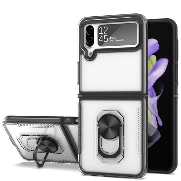Ring Case Compatible with Samsung Galaxy Z Flip 4 5G Clear Transparent Armor Defender Shockproof Hybrid with Ring Holder Kickstand Cover [ Black ]