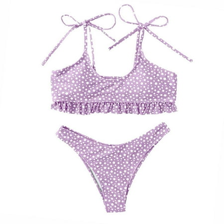 Purple Swimsuit Sets for Ladies Collared Scoop Neck Lace Floral Sexy Bohemian Hawaiian Peplum Seamless Triangle Two Piece with Slit Swimsuit Bikini Tankini Sets Womens M