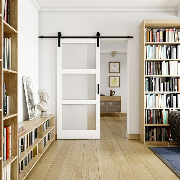 36 in. x 84 in. 3-Lites Tempered Frosted Glass and MDF Sliding Barn Door with Hardware Kit