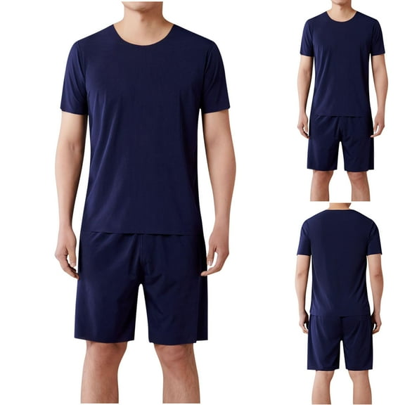 Loopsun Mens Pajama Sets, Men's Fashion Solid Color Round Neck Short Sleeve Shirt and Elastic Waist Shorts Pajama Set Navy,L