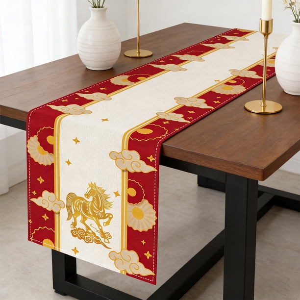 Camino de mesa de lino Camino de mesa del Año de los Caballos Exquisita decoración festiva para mesa de fiesta con estampado de caballos al galope Adecuado para decoraciones del Año de los Caballos De