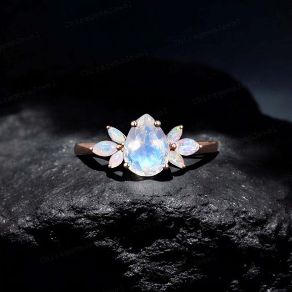 CHIRAGEMSJEWEL 7x5 MM / Pear Cut Natural Moonstone Engagement Ring Unique Cluster Women Ring Art Deco Statement Ring Birthday Gift For Mom Yellow Gold Handmade Jewelry