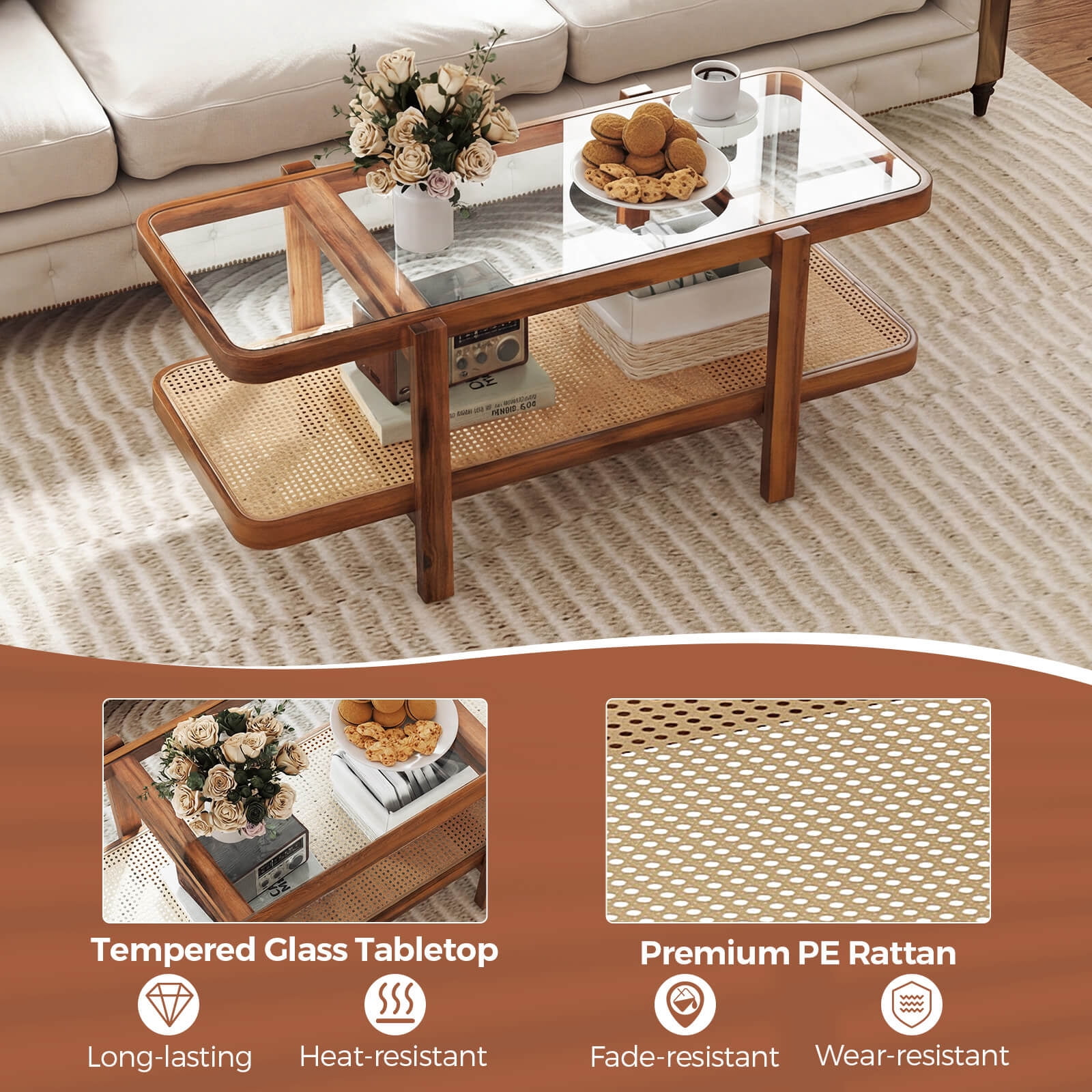 Costway 2-Tier Rustic Coffee Table with Storage Tempered Glass Tabletop PE Rattan Shelf Brown