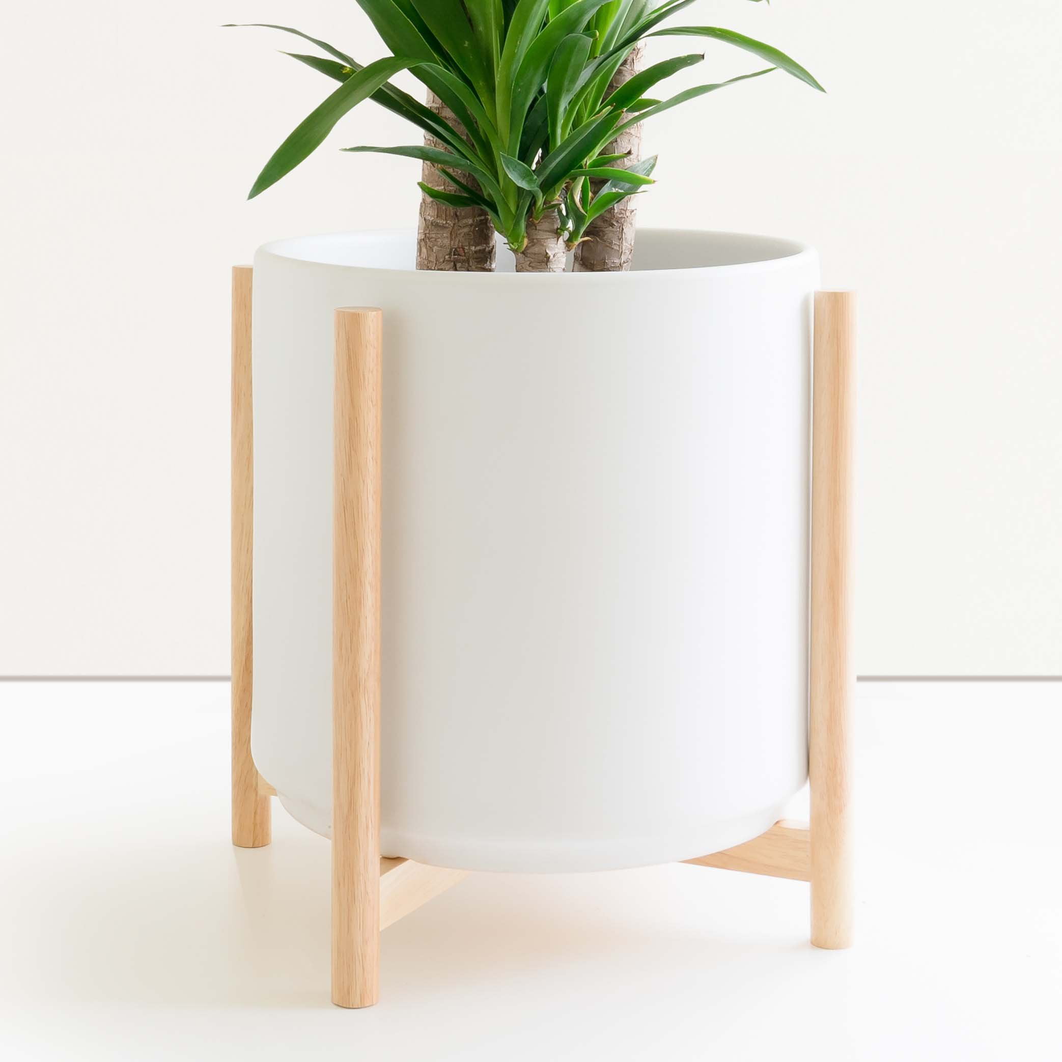 PEACH & PEBBLE 7 Set of Two White Contour Ceramic Planter and Plant Stand Ceramic Plant Pot and Wood Plant Stand Set. 