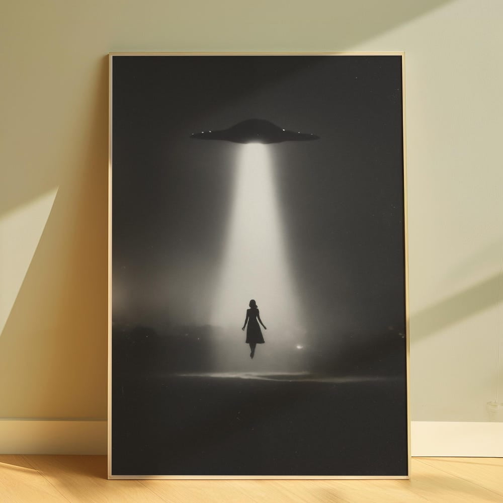 Ufo Wall Decor Alien Abduction Print Surreal Poster Retro Sci Fi Wall Art Black And White Print Ufo Poster Abstract People Print Art