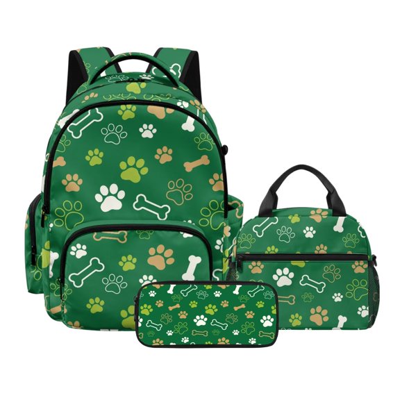 Tutolipy Paw Print Kids Backpack Set Girls Backpack and Lunch Bag Set with Pencil Case Lightweight School Back Pack Insulated Bag for Kindergarten Elementary School, Green