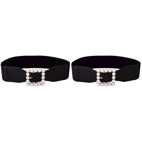 Raindrops 2pcs Ladies Simple Cummerbund Elastic Pearl Waistband Square Buckle Belt Skirt Ornament for Decoration (Black)