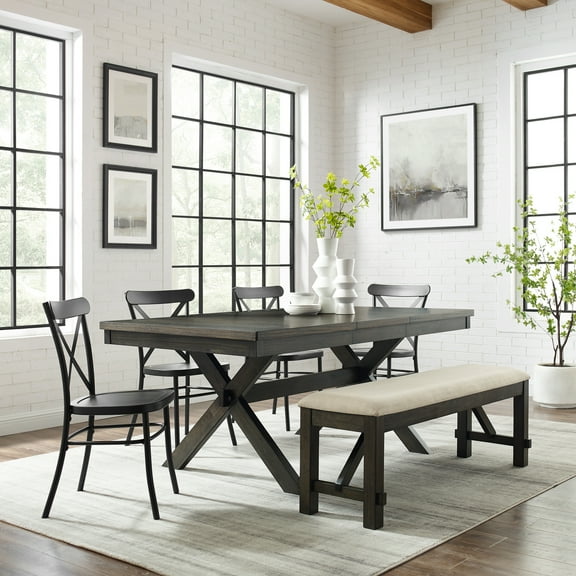 Modern Farmhouse Dining Set - 6 Piece Table, Bench & Chairs - Matte Black Slate Finish