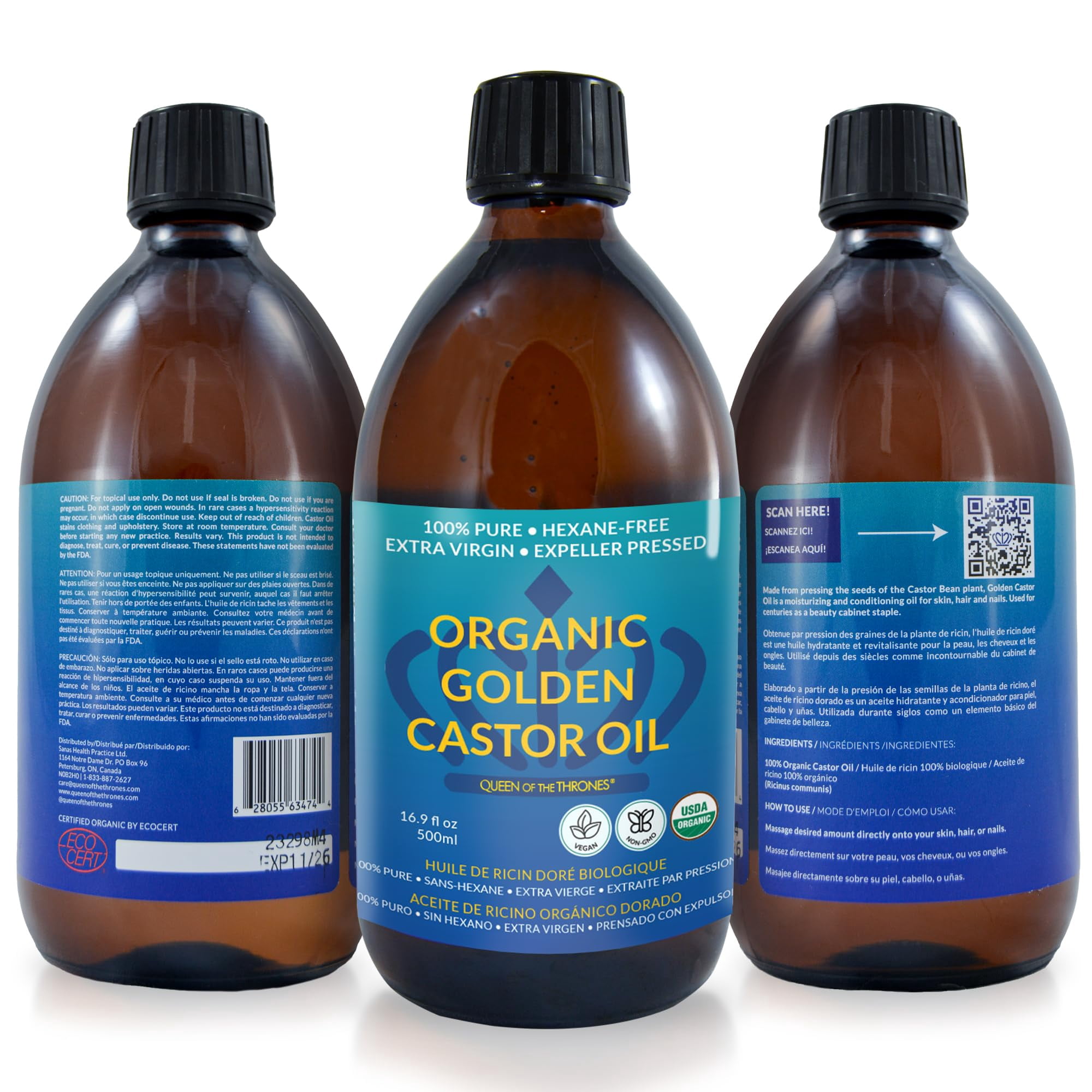 Queen of the Thrones Organic Golden Castor Oil, Multipurpose Clean Beauty Product, 16.9 fl oz