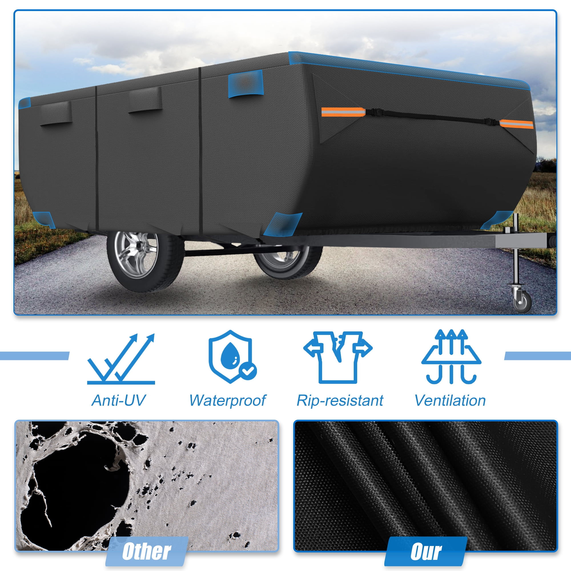 Unique Bargains Pop-up Camper Trailer RV Cover with Straps Vents Black 136" x 86" x 43"