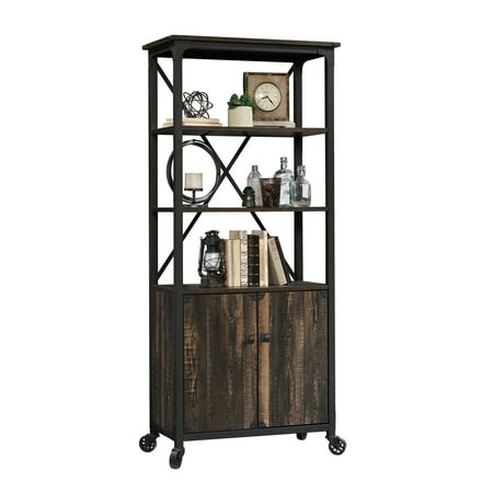 Sauder Steel River Bookcase With Doors Carbon Oak Finish