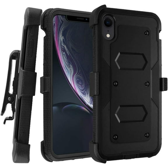 GoldCherry iPhone XR 6.1 inch case, Heavy Duty Shockproof Rugged Hybrid Housing with Rotating Belt Clip and Bracket for Apple iPhone XR 6.1 inch (Black)