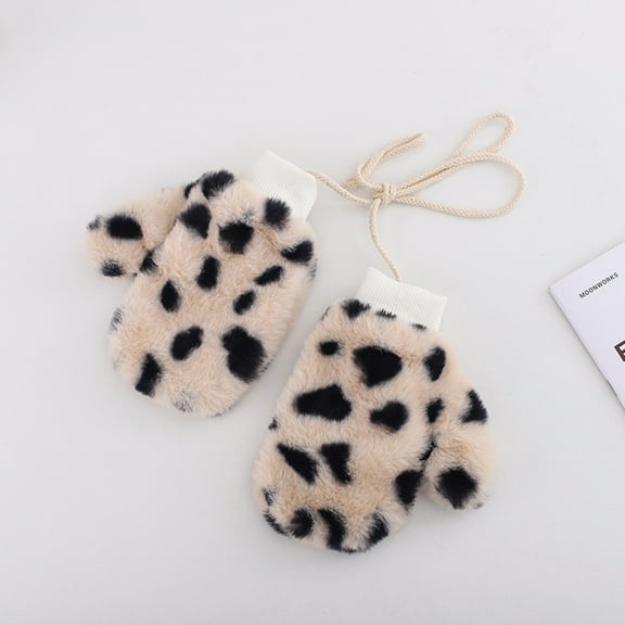 CUZIBR Gloves For Kids Convertible Flip Top Thermal Knitted Knit Fingerless Cute Animal Pattern Warmth Leopard Mittens For Cold Weather,Beige,One Size