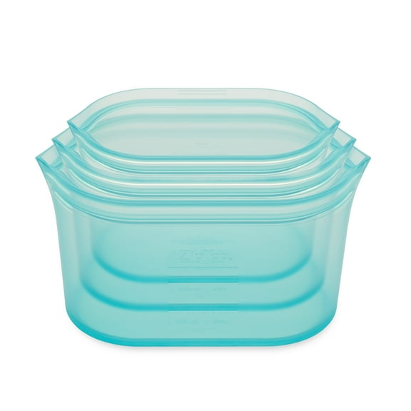 Zip Top Reusable 100% Platinum Silicone Food Storage Containers - Made in the USA - 3 Dish Set - Teal