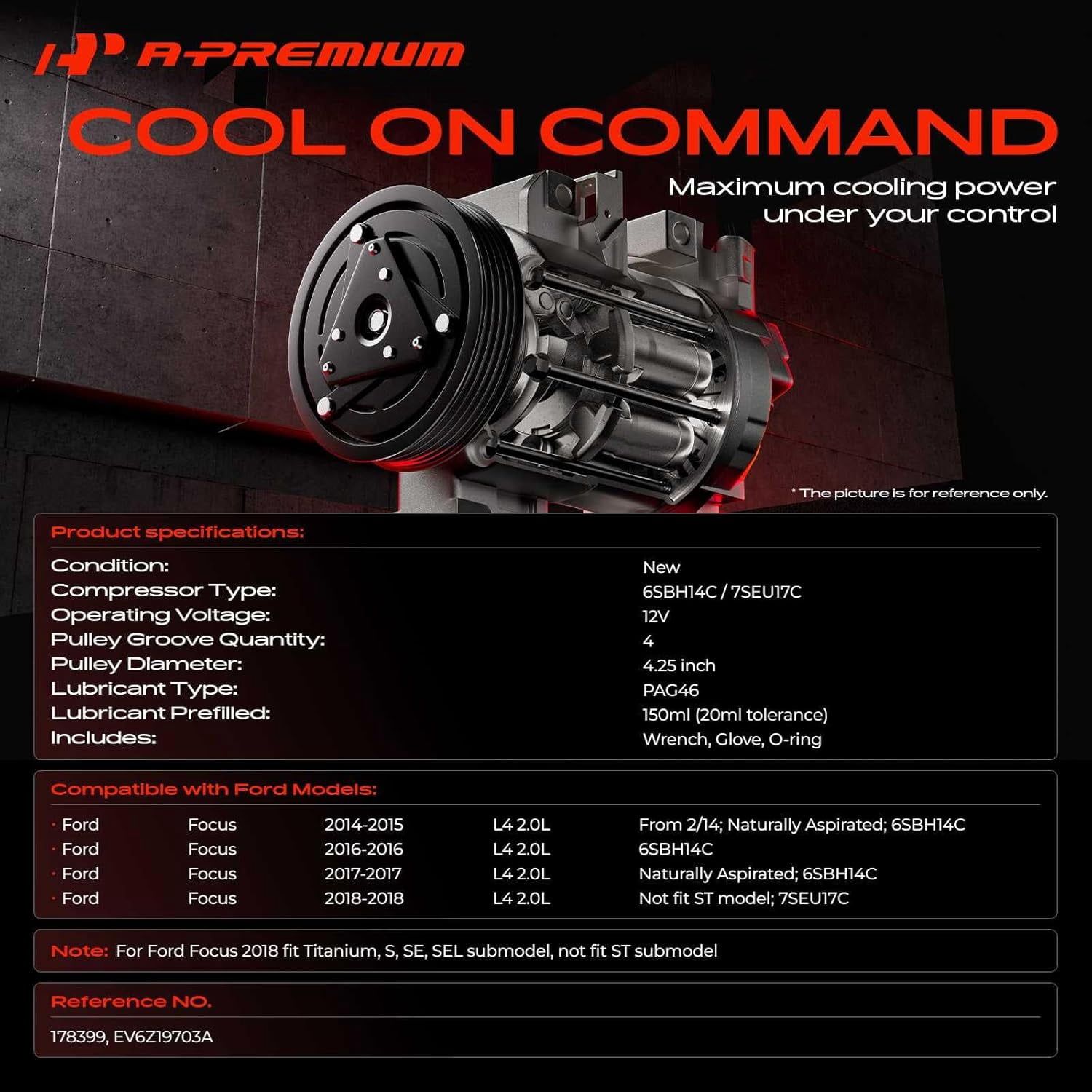 A-Premium AC Compressor with Clutch Compatible with Ford Focus 2015-2018 L4 2.0L