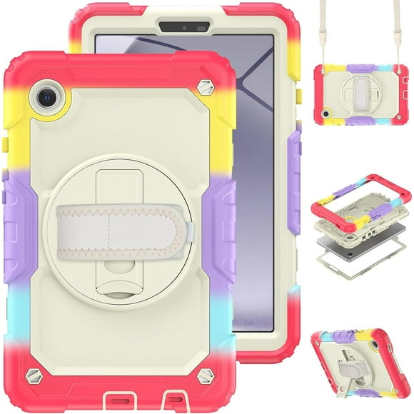 KOMI pour Samsung Galaxy Tab A9 Étui 8,7 Pouces 2023 avec Protecteur d'Écran Intégré Antichoc Sangle Ajustable Rotation 360 pour SM-X110/X115/X117 Arc-en-Ciel Blanc