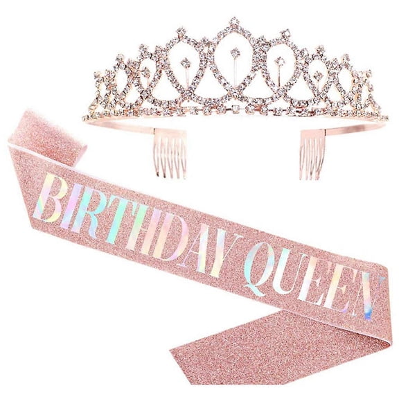 Happy Birthday Tiara Crowns Rhinestones Princess Crown Birthday Queen Sash Birthday Sash Headband Set for Women Girls