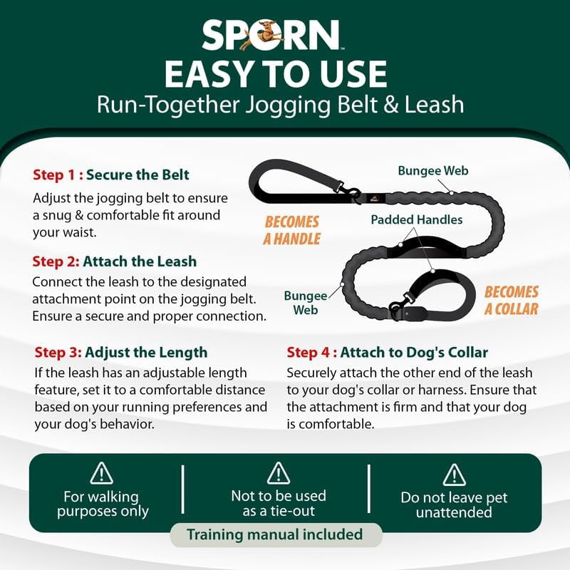 Sporn Run-Together Jogging Belt and Dog Leash, 6 ft, Black