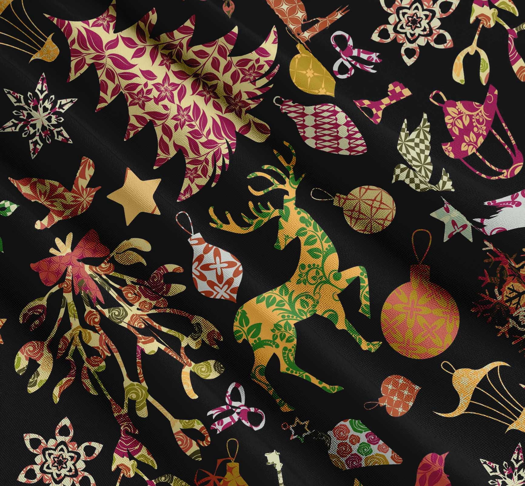 Soimoi Black Cotton Voile Fabric Reindeer,Oranaments & Tree Christmas Print Fabric by the Yard 42 Inch Wide