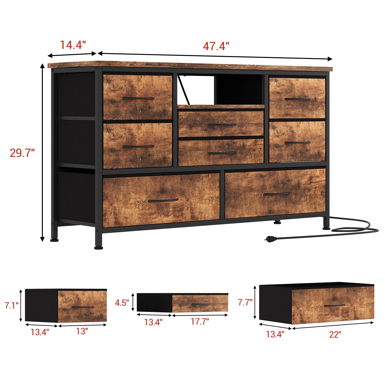 KOKEBREN 47.4"Wide Dressers for Bedroom 8 Fabric Drawers Dresser with LED lights & Power Outlet TV Stand for 55" TV,Rustic Brown