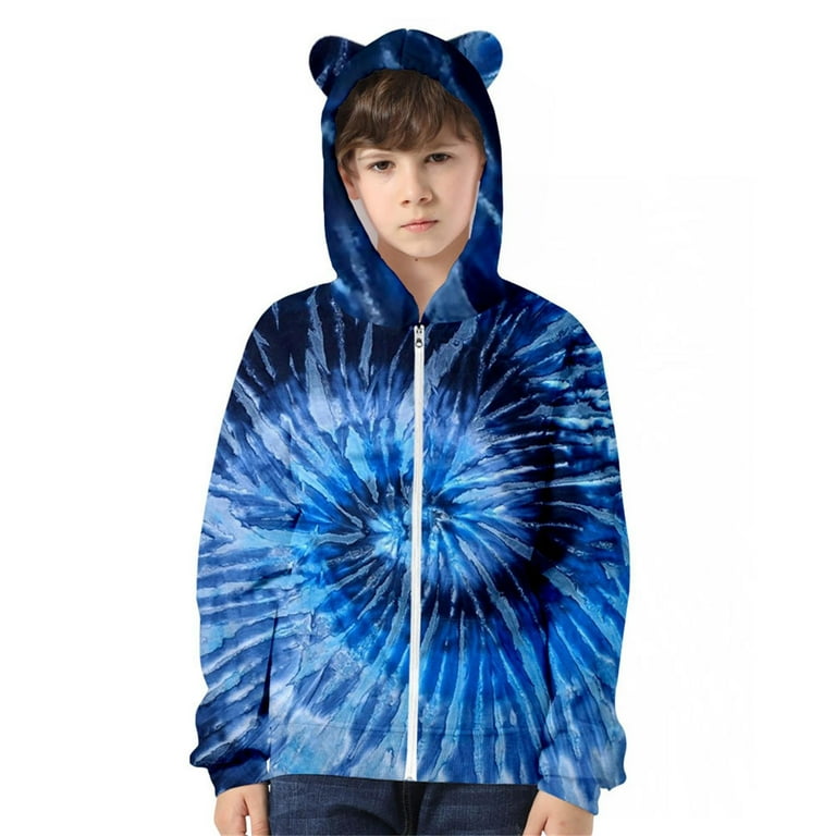 YTIANH Girlss Zip Up Hoodies New Tie Dye 3D Printed Cat Ears Zipper Hoodie for Children with Cat Ears Pullover for Girl and Boy Dark Blue 10 11 Years Walmart
