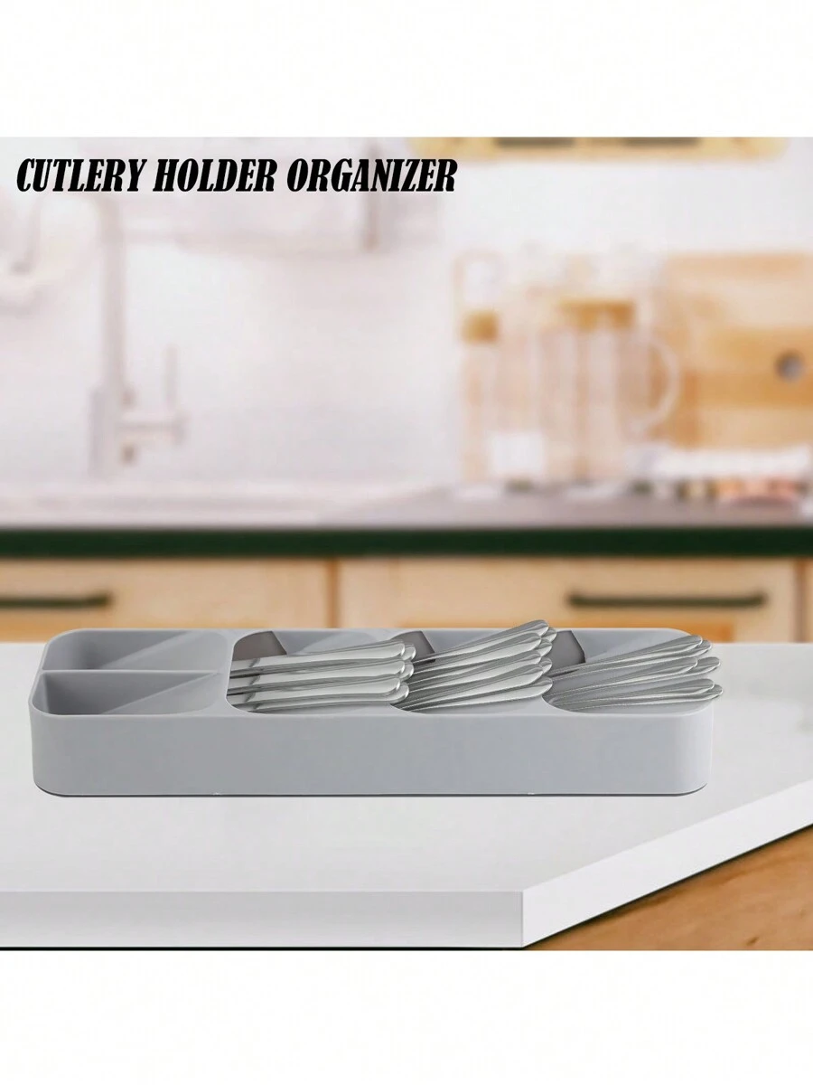 Kitchen Drawer Cutlery Organizer and Compact Space Saving Tray for Flatware, Silverware, and Utensils, Stackable Drawer Store Divider for Kitchen Organization and Storage, Gray