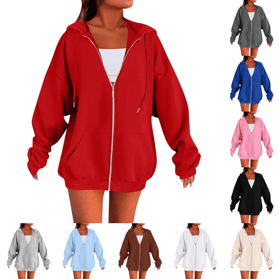 Zip up Hoodie Women Lightweight Fleece Jacket Oversized Plain Sweatshirt Y2K Casual Workout Athletic Sweat Jackets Cute Comfort Baggy Zipper Hoodies Shirts Fall Red 2XL