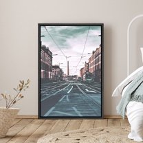 PixonSign Framed Canvas Print Wall Art Cable Cars Cross The City Places Cityscape Photography Modern Art Bohemian Scenic Colorful Multicolor Ultra for Living Room, Bedroom, Office - 24"x36" Black