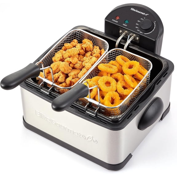 Elite Gourmet EDF434 Electric Deep Fryer 4.5 Quart Oil Capacity with Temperature Knob, 2 Baskets, Powerful 1700 Watts, Lid with Anti-Odor Filter & Viewing Window, Stainless Steel